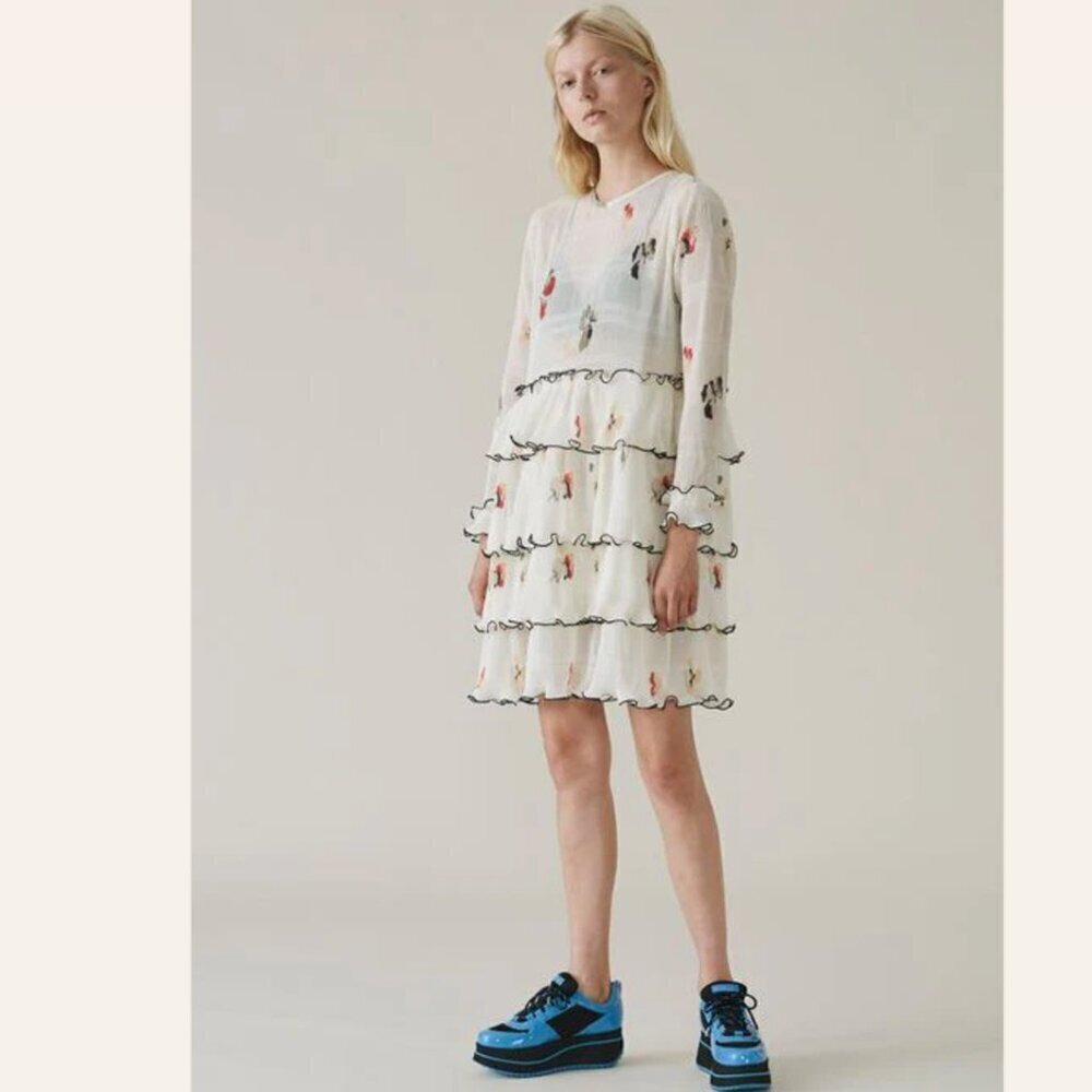 GANNI Size: 34 US Size: 2 Style 1729 Lowell Floral Print Tiered Mini Dress